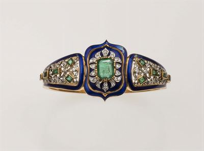 Bracciale Rigido con Smeraldo, Diamanti e Smalto Blu
