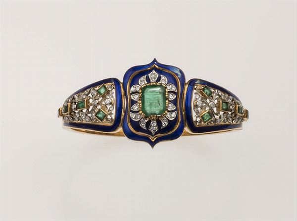 Emerald, enamel and diamond bangle