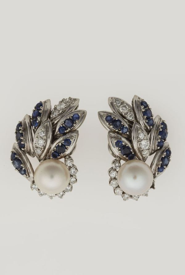 Pair of cultured pearls, diamond and sapphire earrings
