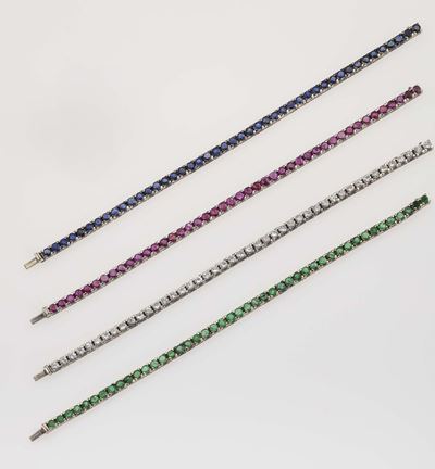Quattro Bracciali Tennis con Rubini Burma, Zaffiri, Smeraldi e Diamanti