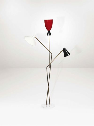 Lampada da Terra con Base in Marmo, Struttura in Ottone e Diffusori in Alluminio Laccato.