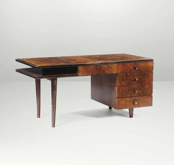 A desk with a wooden structure and brass details. Italy, 1930 ca.