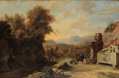 Gaspar De Witte (anversa 1624 - 1681)paesaggio con Viandanti