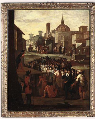 Scuola del XVIII Secoloscena in Piazza con Personaggi e Palco