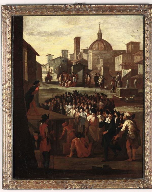 Scuola del XVIII secolo Scena in piazza con personaggi e palco