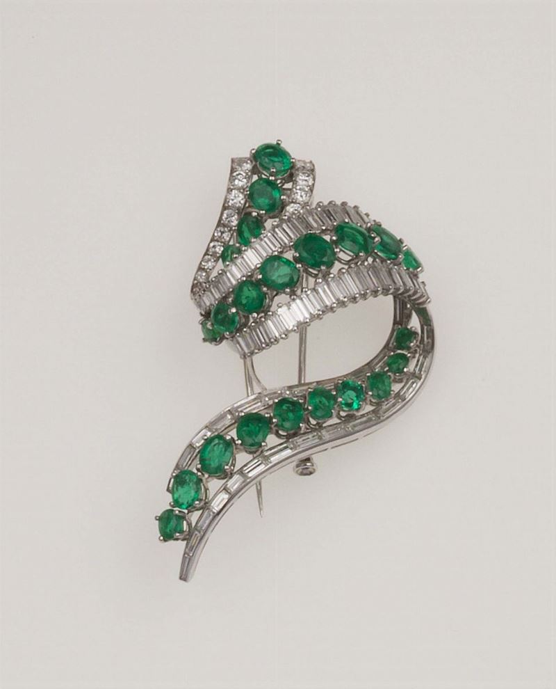 Emerald, diamond and platinum brooch  - Auction Fine Jewels - Cambi Casa d'Aste