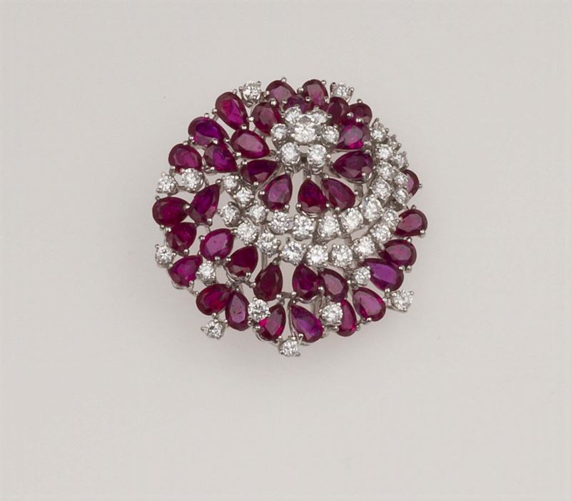Ruby, diamond and platinum brooch  - Auction Fine Jewels - Cambi Casa d'Aste