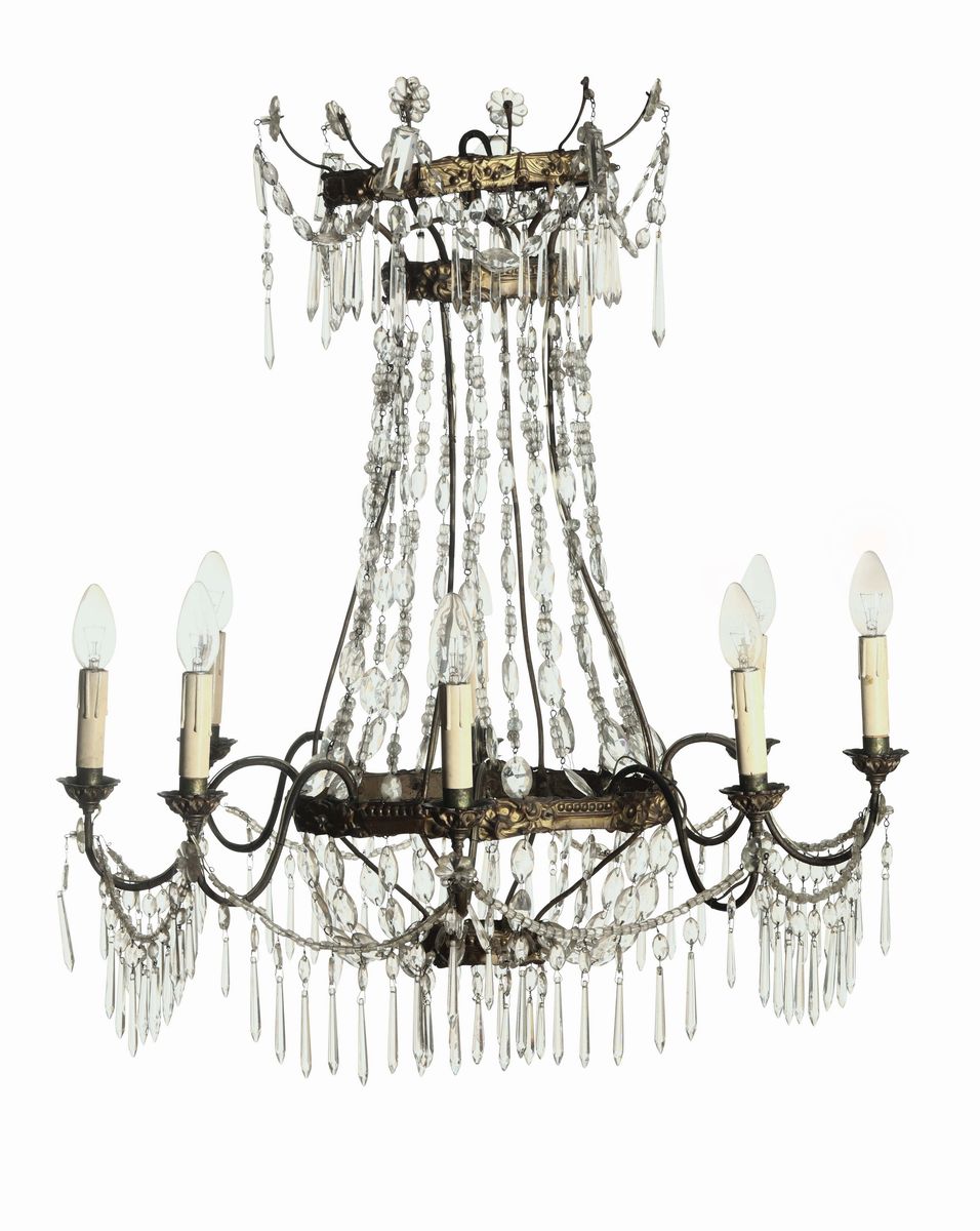 Coppia Lampadari a Mongolfiera a Otto Bracci in Bronzo Dorato e Cristalli, XIX Secolo