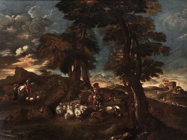 Giovanni Benedetto Castiglione detto il Grechetto (Genova 1609 - Mantova 1664), bottega di Paesaggio con pastori e pecore