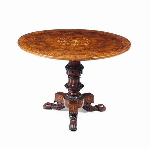 Tavolo Carlo X lastronato ed intarsiato, XIX secolo