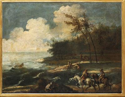 Scuola del XVIII Secoloscena Costiera con Cavalieri