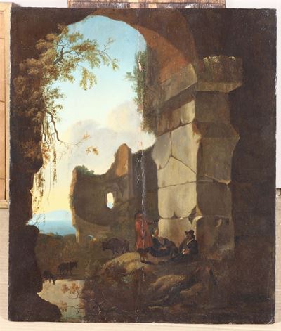 Scuola del XVIII Secolopaesaggio con Rovine e Personaggi
