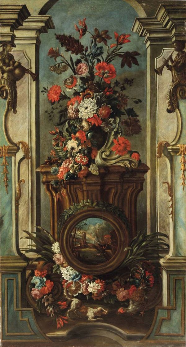 Scuola Italiana del XVIII secolo Natura morta floreale entro architetture
