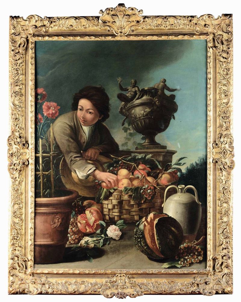 Jean Baptiste Oudry (Parigi 1686 - Beauvais 1755) Ragazzo con cesto di frutta  - Asta Dipinti Antichi - Cambi Casa d'Aste