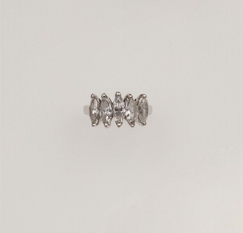 Anello con cinque diamanti taglio a marquise per ct 1,50 circa  - Asta Fine Jewels - Cambi Casa d'Aste