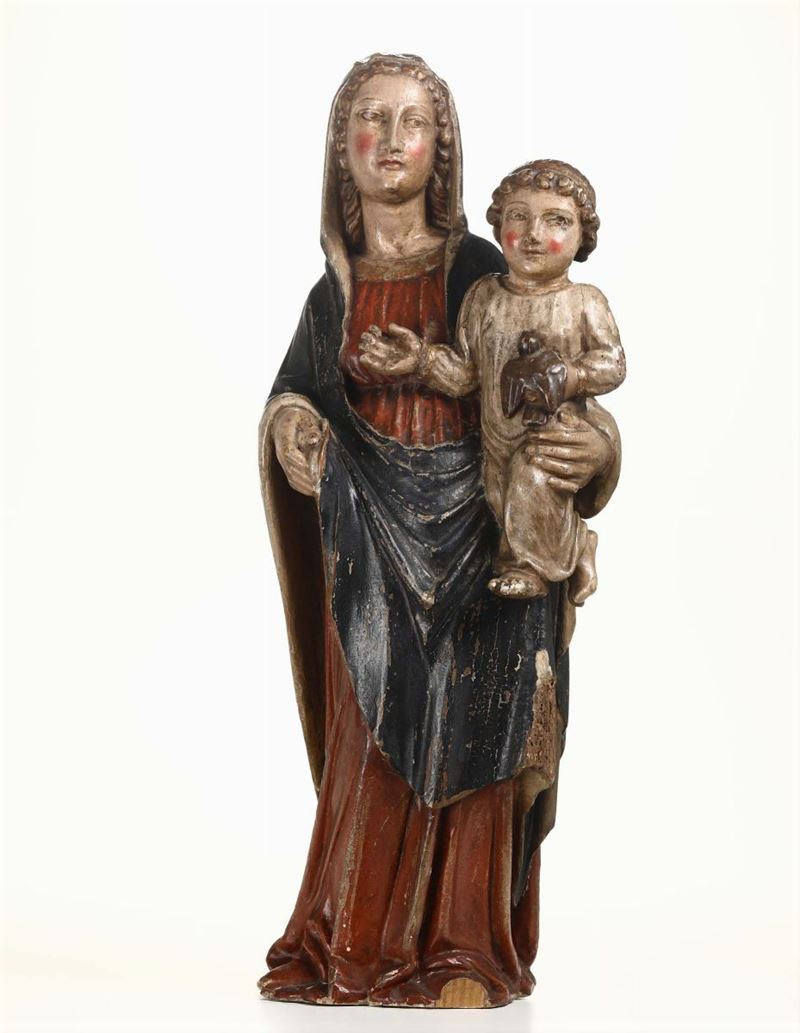 Madonna con Bambino in legno scolpito e policromo in stile gotico, XX secolo  - Asta Asta a Tempo Scultura - Cambi Casa d'Aste