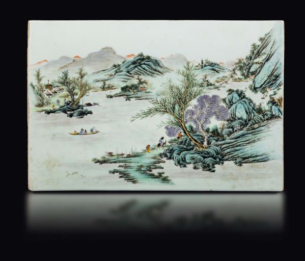 A polychrome enamelled porcelain plaque with landscape, China, Qing Dynasty, 19th century