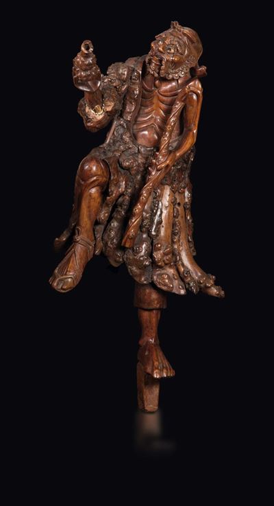 Figura di Pescatore Scolpita in Legno, Giappone, XIX Secolo