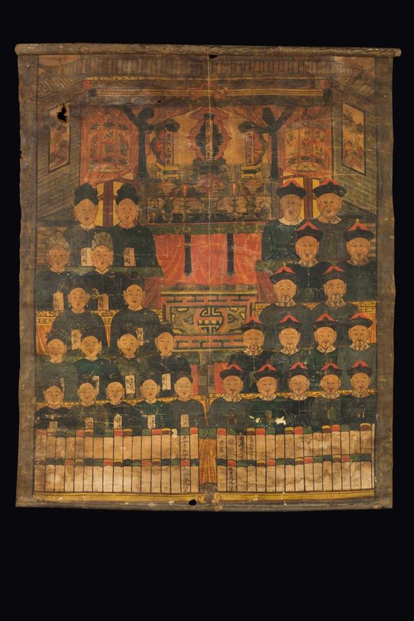 A painting on paper depicting dignitaries with inscriptions, China, Qing Dynasty, 19th century