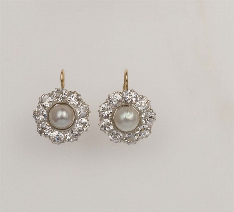 Pair of old-cut diamond and natural pearl earrings. No x-ray exam  - Auction Fine Jewels - Cambi Casa d'Aste