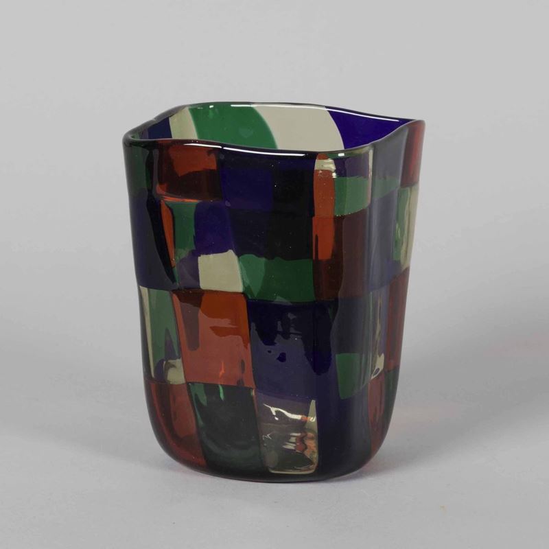 Fulvio Bianconi, Venini, Murano, 1980 ca. A truncated pyramid blown glass vase “Pezzato Parigi” series with a decor of multicolored tiles  - Auction Murano '900 - II - Cambi Casa d'Aste