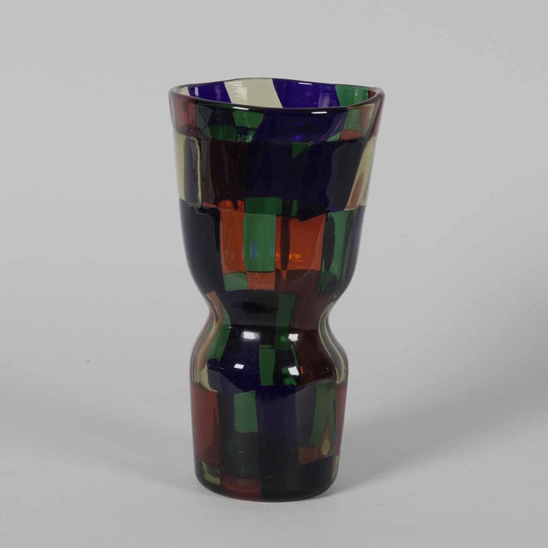 Fulvio Bianconi, Venini, Murano, 1980 ca. A blown glass vase, Pezzato Parigi series, truncated pyramid shape with a central narrowing  - Auction Murano '900 - II - Cambi Casa d'Aste