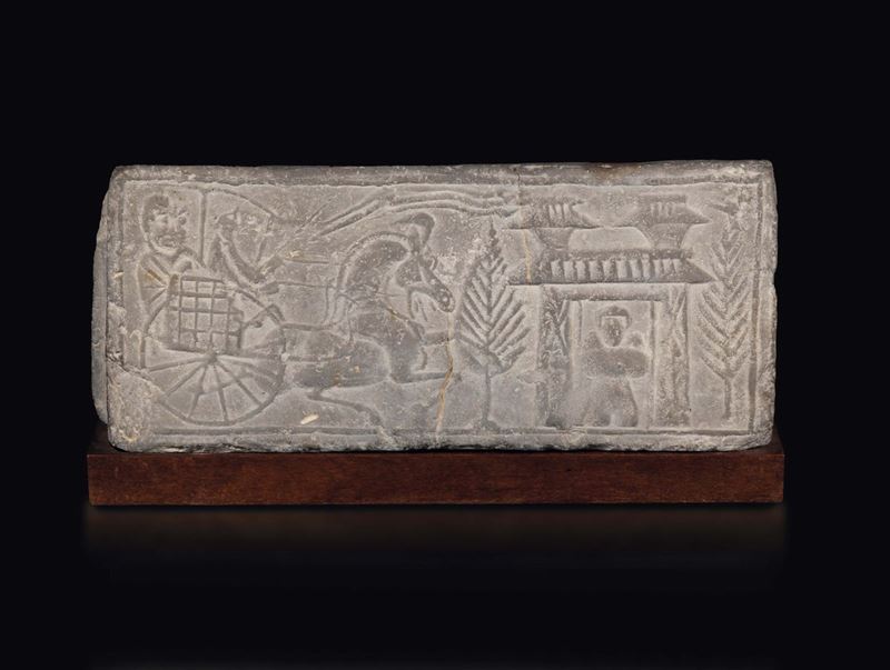 Stele in pietra con carrozza e personaggi, probabilmente XIII secolo  - Asta Fine Chinese Works of Art - Cambi Casa d'Aste