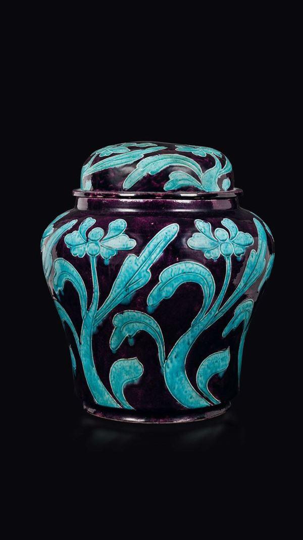 A purple-ground porcelain potiche and cover with light-blue flowers, China, Qing Dynasty, 19th century