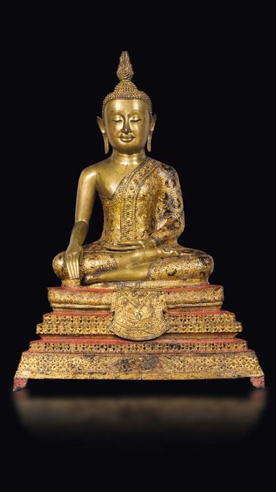 Figura di Buddha Seduto in Bronzo Dorato, Thailandia, XIX Secolo