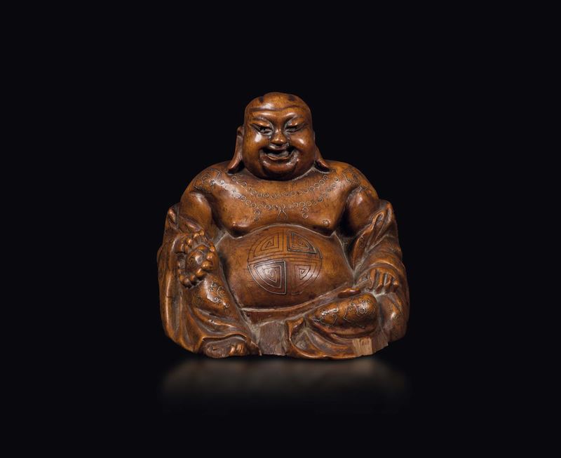 A wooden figure of Budai with silver inlays, Cina, Qing Dynasty, 19th century  - Auction Fine Chinese Works of Art - Cambi Casa d'Aste