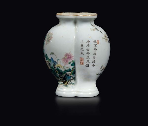 A polychrome enamelled porcelain double vase with blossom branch and inscriptions, China, Qing Dynasty,  [..]