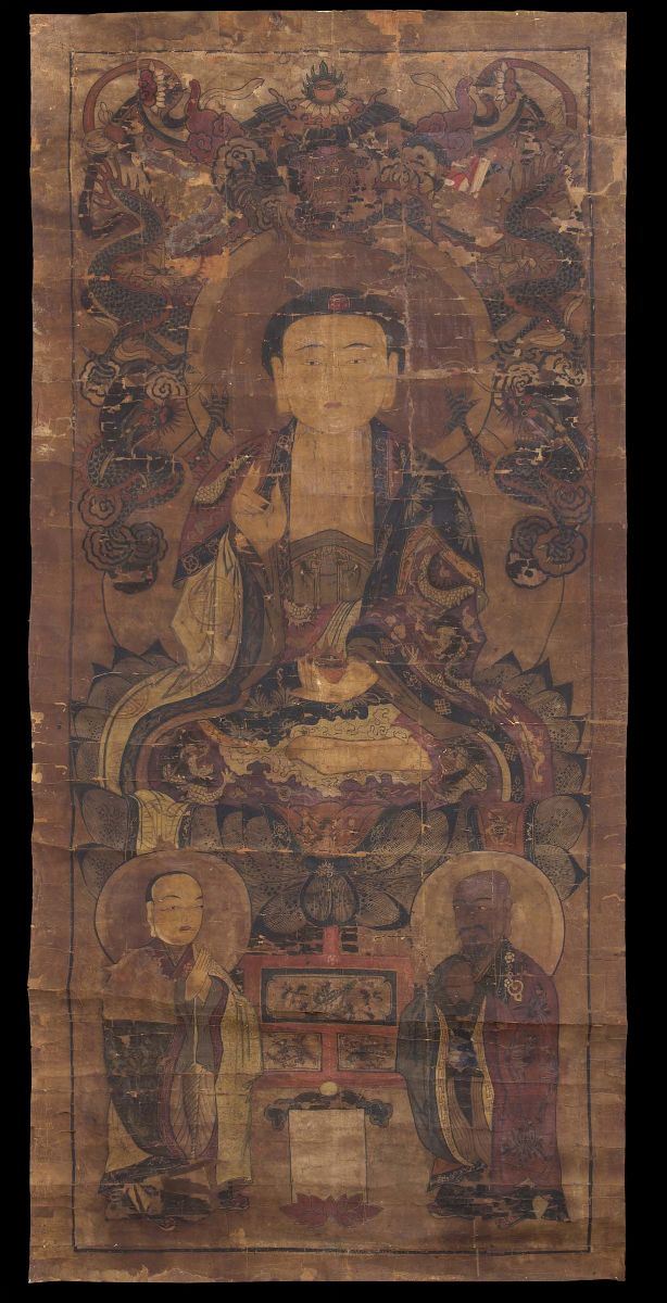 Dipinto su carta raffigurante Buddha centrale, Tibet, XVIII secolo  - Asta Asta a tempo Arte Orientale - Cambi Casa d'Aste