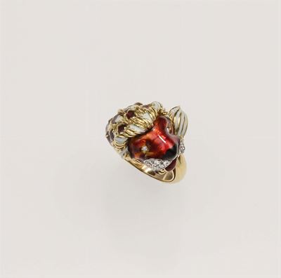 Anello Leone con Smalti Policromi e Diamanti