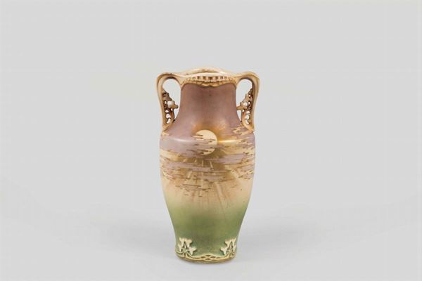 Amphora, Austria, 1900 ca. A small vase with handles in earthenware ceramics with a sunset decor