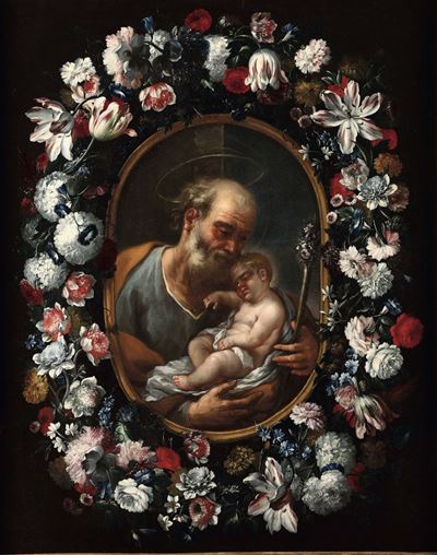 Abraham Brueghel (anversa 1631 - 1697) e Luca Giordano (napoli 1634 - 1705)san Giuseppe con Bambi...