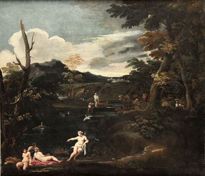 Giovanni Battista Viola (bologna 1576 - Roma 1622)paesaggio con Figure al Bagno