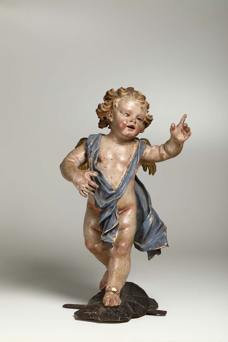 Grande Putto in Legno Scolpito, Dorato e Dipinto. Anton Maria Maragliano (attribuito A). Genova X...