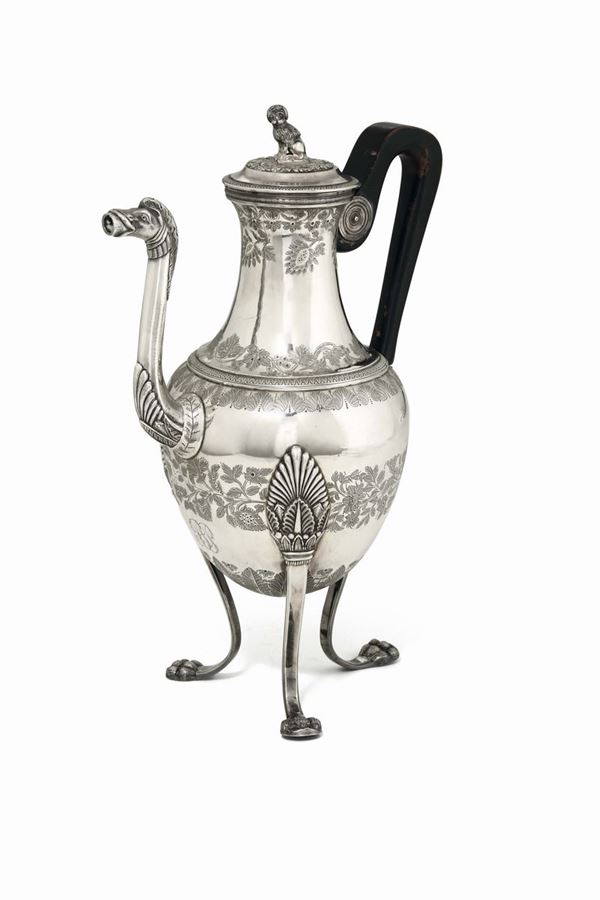 A coffee pot in molten and chiselled silver. Genoa, 19th century, Giacomo Navone silversmith's mark.
