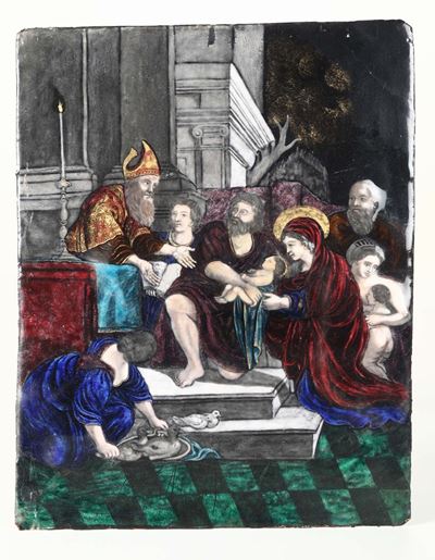 Placca in Smalti di Limoges Raffigurante Presentazione al Tempio, XIX-XX Secolo