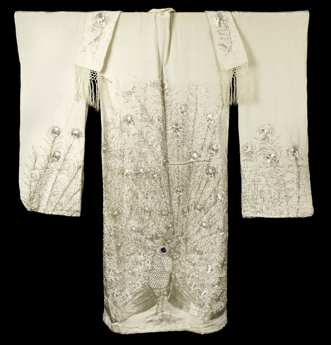 Veste in Seta Bianca con Motivo a Piume di Pavone, Cina, Inizio XX Secolo