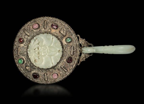 A white jade mirror with semi-precious stone inlays with a white jade dragon belthook handle, China, Qing Dynasty, 19th century