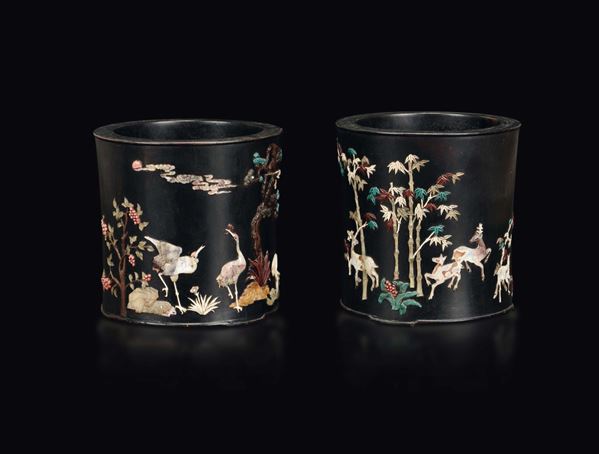 A pair of wooden brushpot with inscriptions and decoration of cranes and deers with mother-of-pearl and semi-precious stones inlays, China, Qing Dynasty, 19th century