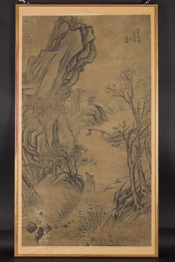 Dipinto su carta con iscrizione e Guanyin entro paesaggio, Cina, inizio XX secolo