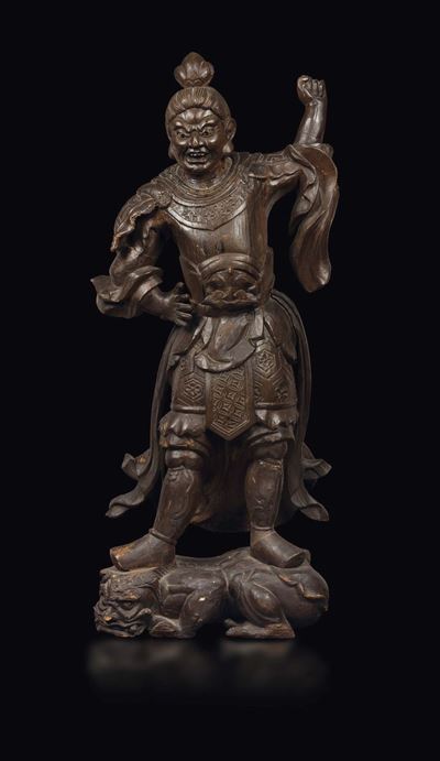 Figura di Guardiano Jikokuten Scolpito in Legno con Occhi in Vetro, Giappone, XIX Secolo