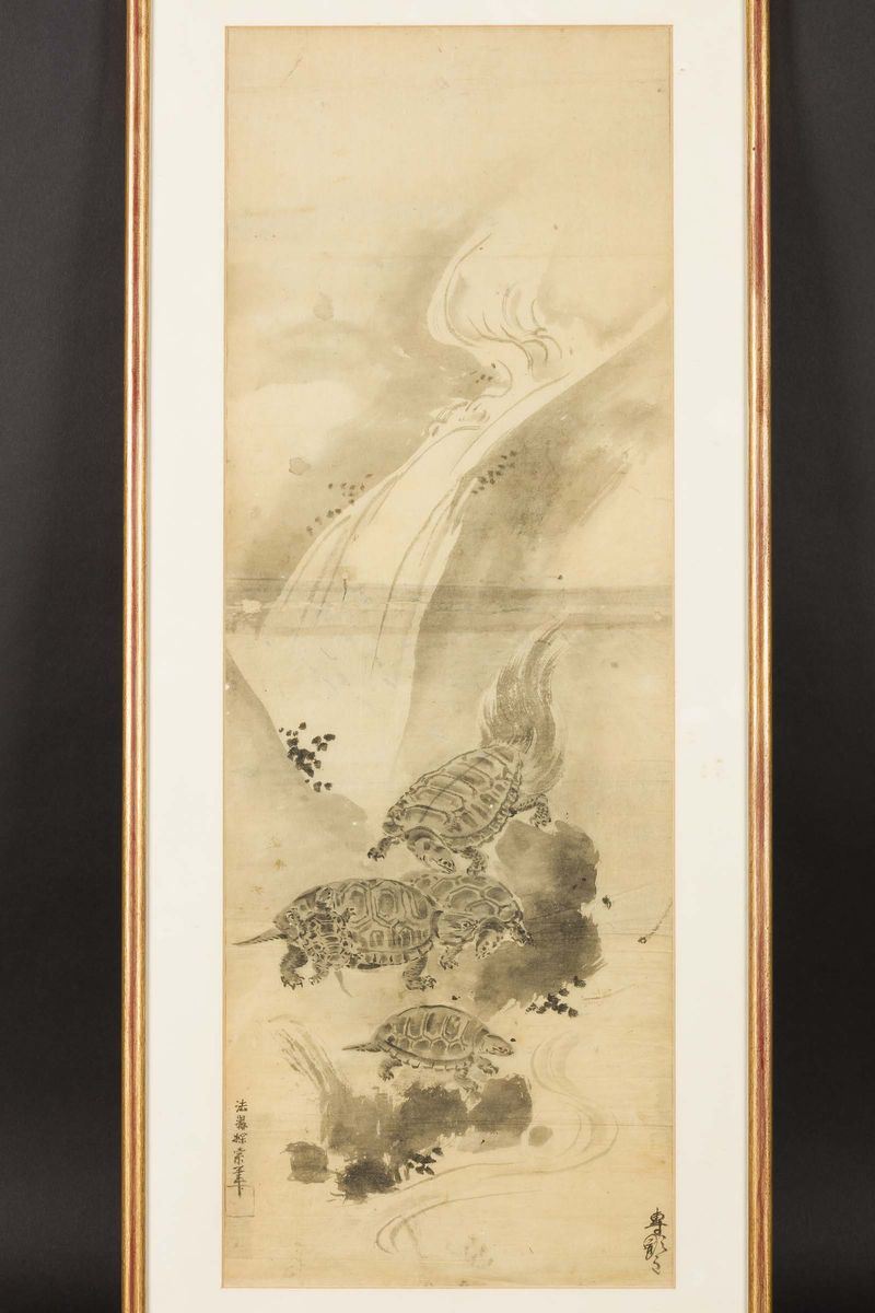 Dipinto su carta raffigurante tartarughe che si abbeverano, Cina, Dinastia Qing, fine XIX secolo  - Asta Asta a tempo Arte Orientale - Cambi Casa d'Aste