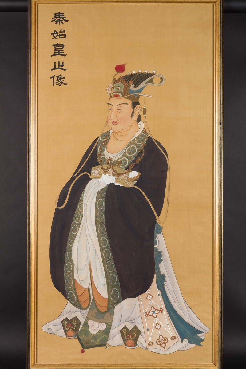 Dipinto su carta raffigurante dignitario ed iscrizione, Cina, XX secolo  - Asta Asta a tempo Arte Orientale - Cambi Casa d'Aste