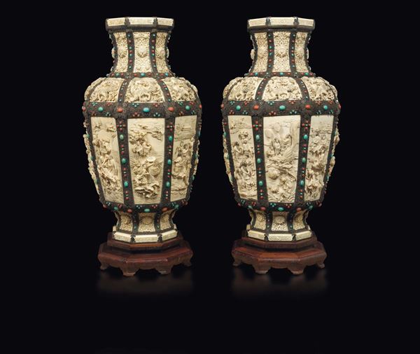 A large and rare pair of ocatagonal ivory vases with silver filigree details and coral and turquoise  [..]