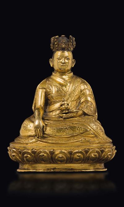 Figura di Lama Tsong Khapa in Bronzo Dorato, Cina, Dinastia Ming, XVII Secolo