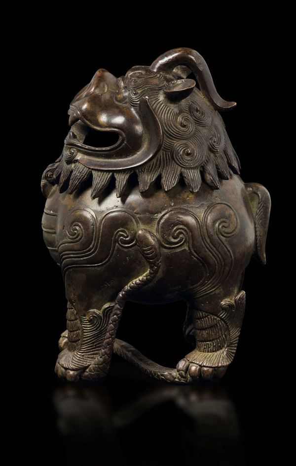 A semi-guilt bronze Pho Dog censer, China, Ming Dynasty, 17th century
