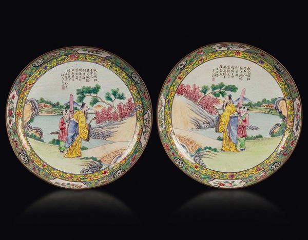 A pair of Canton enamelled dishes with schoolars and inscriptions, China, Qing Dynasty, Qianlong Period (1736-1795)